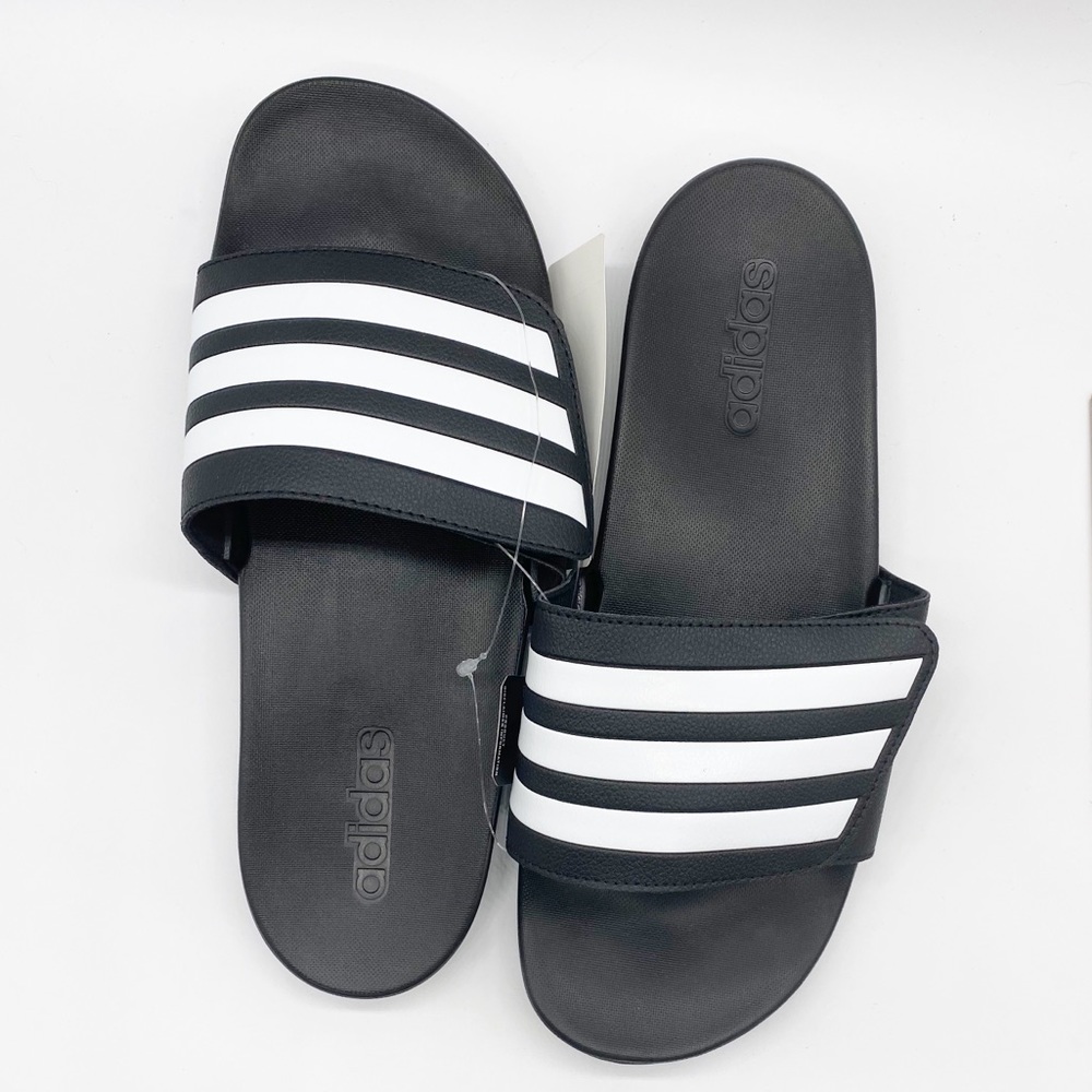 Adidas Adilette Comfort Adjustable Slides Black w/White stripes